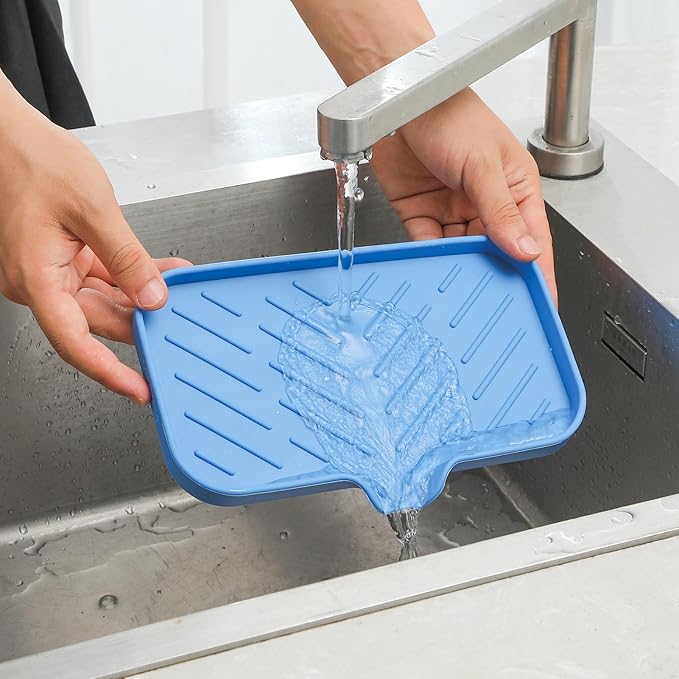 MicoYang Silicone Bathroom Soap Dishes with Drain Spout Bathroom and Kitchen Sink Organizer,Sponge Holder,Dish Soap Tray,Perfect for Dispenser,Scrubber,Bottle,Cup on Counter Lichen Blue 9.6"×5.3"