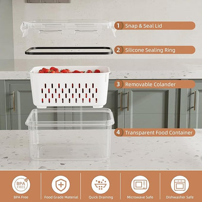 KEMETHY 10 Pack Fruit Storage Containers for Fridge with Removable Colanders - Food Storage Containers with Lids, BPA-Free Produce Containers Keep Fruits, Vegetables, Berry, Meat Fresh Longer