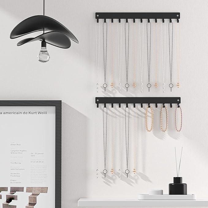 Necklace Holder Organizer Wall Mount,12 Hooks Metal Jewelry Hanger Organizer for Necklace Bracelet Chains, Black (2)