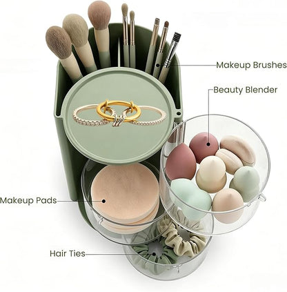 Sage Green Makeup Organizer Countertop for Vanity, Hair Accessories Organizer with Hair Brush Holder, Hair Organizer Storage for Hair Ties, Makeup Pads, Makeup Brushes, Beauty Blender