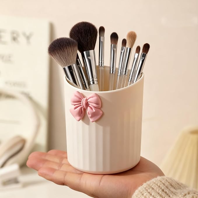 Wall-Mounted Plastic Small Makeup Brush Holder with Bow, Self-adhesive Multifunctional Holder Cup for Brushes, Pens & Pencils, Toothbrushes, Ideal for Bathroom or Office Countertop