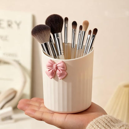 Wall-Mounted Plastic Small Makeup Brush Holder with Bow, Self-adhesive Multifunctional Holder Cup for Brushes, Pens & Pencils, Toothbrushes, Ideal for Bathroom or Office Countertop