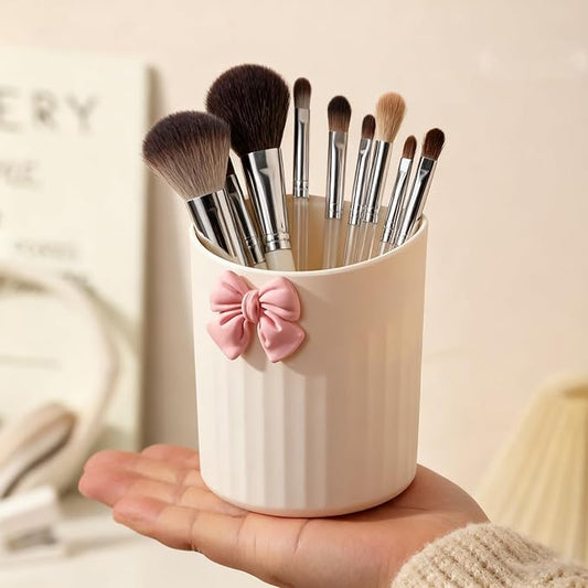 Wall-Mounted Plastic Small Makeup Brush Holder with Bow, Self-adhesive Multifunctional Holder Cup for Brushes, Pens & Pencils, Toothbrushes, Ideal for Bathroom or Office Countertop