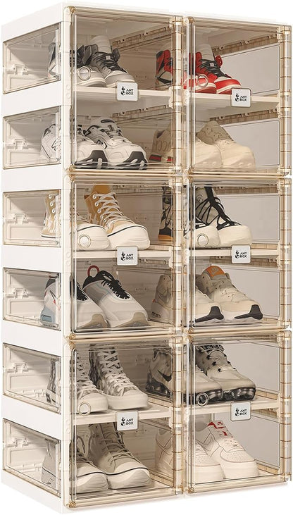 ANTBOX Foldable Shoe Rack,Shoe Organizers for Closet Plastic Shoe Storage Box For Entryway,Living Room,Large Sturdy Stackable Sneaker Cabinet Bins With Magnetic Clear Door 6 Tiers 12 Pairs