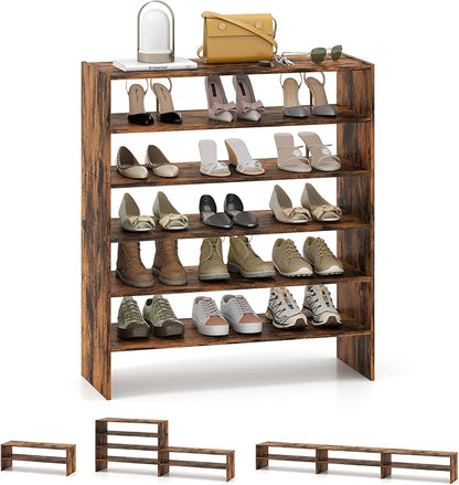 Giantex 3-in-1 Vertical Shoe Rack, 6-Tier Free Standing Shoe Storage Organizer w/Stackable Design for 18 Pairs, 31 Inch Wide Wood Shoe Shelf for Closet, Entryway, Living Room, Office, Brown