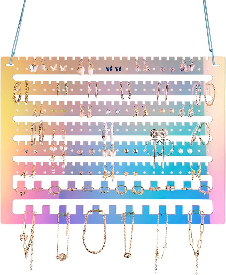 NiHome Iridescent Acrylic Hanging Earring Organizer, Wall Mount Jewelry Organizer Rack, Wall Earring Holder with 132 Earring Holes, 150 Slots, 23 Necklace Hooks for Stud Earring Bracelet Necklace Ring