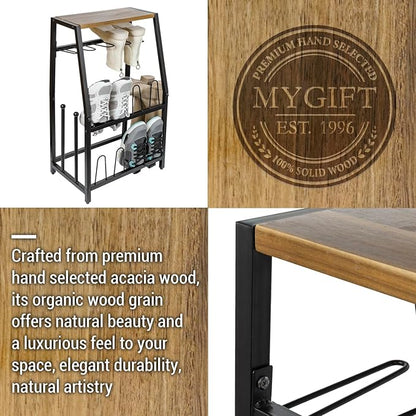 MyGift Acacia Wood & Black Metal Entryway Organizer: 2-in-1 Shoe Rack with Shelf & Boot Storage for 8 Pairs - Rustic Modern Entry Table with Adjustable Feet (Foyer/Mudroom/Garage)