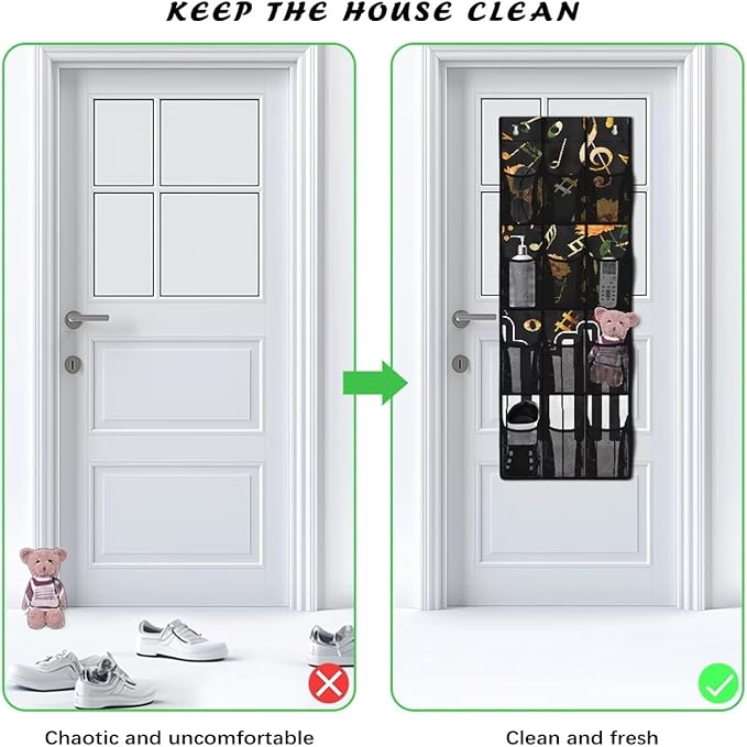 Over The Door Shoe Organizer with 12 Mesh Pockets, Hanging Storage Organizer for Toys Closet Door Hanging Shelf Storage for Bedroom Bathroom,Music Note