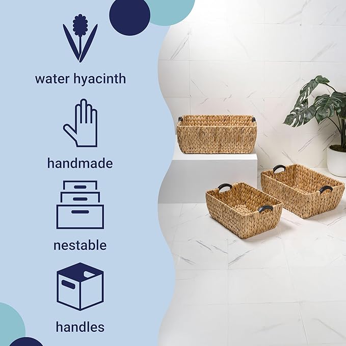 happimess BSK2020A-3SET Astor Bohemian Farmhouse Handwoven Water Hyacinth Nesting Storage Baskets with Wood Handles, Seagrass Containers for Decoration in Living Room, Bedroom, Natural (Set of 3)