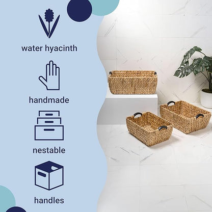 happimess BSK2020A-3SET Astor Bohemian Farmhouse Handwoven Water Hyacinth Nesting Storage Baskets with Wood Handles, Seagrass Containers for Decoration in Living Room, Bedroom, Natural (Set of 3)