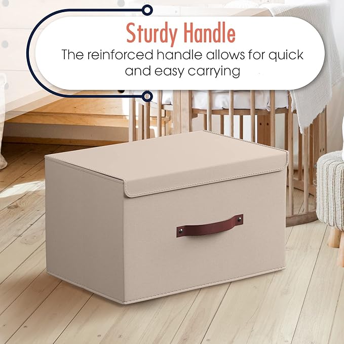 Ornavo Home 3 Pack Collapsible Storage Bins with Lid, Foldable Linen Fabric Shelf Storage Basket Closet Organizer and Large Storage Box for Clothes with Leather Handles, 15 x 10 x 9, Beige