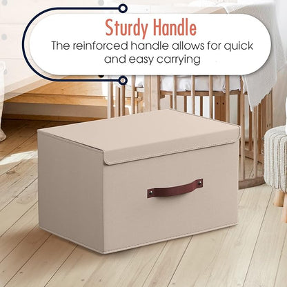 Ornavo Home 3 Pack Collapsible Storage Bins with Lid, Foldable Linen Fabric Shelf Storage Basket Closet Organizer and Large Storage Box for Clothes with Leather Handles, 16.5 x 11.8 x 7.5, Beige