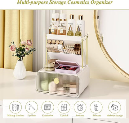 FOLLOWIN Bathroom Counter Organizer with Drawer, Dresser Top Organizer with Make Up Brush Holder, Makeup Shelf, Vanity Organizers, Cosmetic Perfume Organizer, Clear
