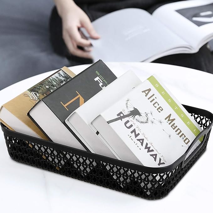 Large Plastic Shallow Storage Baskets Trays, Plastic A4 Desktop Basket, Black, 6 Packs