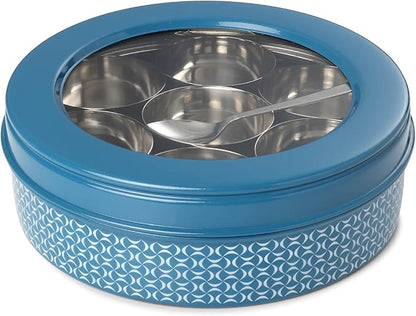 dudki 7 in 1 Stainless Steel Spice box for kitchen sturdy Masala dabba jar for Spices Seamless Design (Dusky Blue)