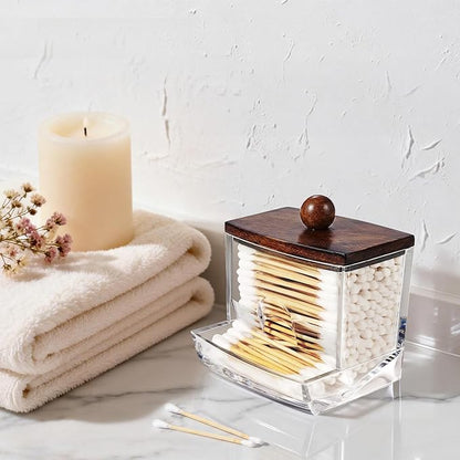 SheeChung 10Oz Acrylic Qtip Holder Dispenser for Cotton Swab, Clear Plastic Containers Apothecary Jars, Wood Lid, Bathroom Accessories, Vanity Organizers and Storage, Home Essentials-Dark Brown