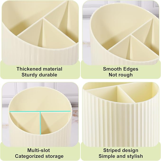 DASITON 3 Slots Makeup Brush Holder, Acrylic Makeup Brush Cup, Vintage Striped Make Up Brush Holder for Vanity Decor, Bathroom Countertops, Desk Storage Container, Cosmetic Display Cases (Cream)
