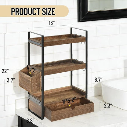 3-Tier Bathroom Counter Organizer with Drawer Basket and Hooks, Wood Bathroom Organizers and Storage for Countertop, Farmhouse Dark Brown Countertop Organizer, Counter Shelf for Vanity, Kitchen,Office