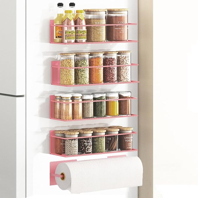 Magnetic Spice Rack For Refrigerator Magnetic Fridge Shelf For Kitchen Spice Organizer Magnetic Shelf For Fridge Space Saving Pink 4 Pack With Magnetic Paper Towel Holder