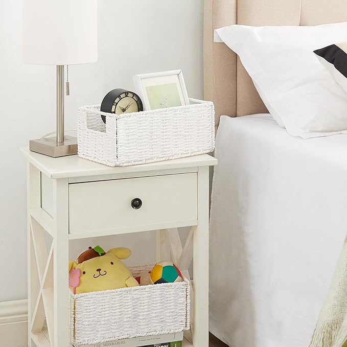 Vagusicc Wicker Storage Basket, Set of 2 Hand-Woven Paper Rope Wicker Basket, Small Storage Baskets for Organizing Toilet Paper Basket, Foldable Large Cube Storage Organizer Bins for Shelves (White)