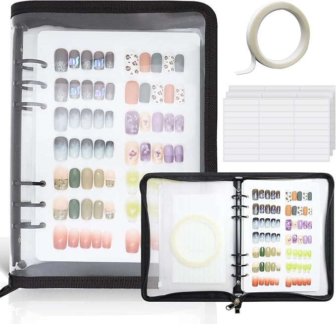 KEIFIN Press On Nail Storage Organizer Binder with 8 Insert Pages - A5 Size Reusable Fake Nail Swatch Collecting Book Polish Color Display Holder Container with Tape and Zipper Pocket (BLACK)