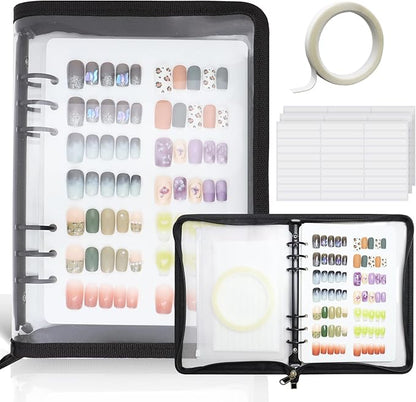 KEIFIN Press On Nail Storage Organizer Binder with 8 Insert Pages - A5 Size Reusable Fake Nail Swatch Collecting Book Polish Color Display Holder Container with Tape and Zipper Pocket (BLACK)