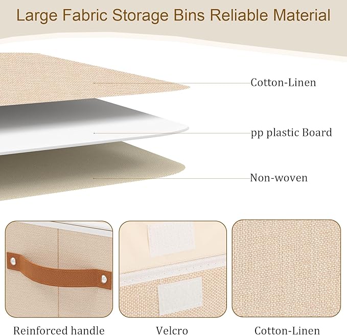 Storage Basket with Lid, Decorative Linen Storage Box, 10.2 x 7.8 x 6.7 Inch Closet Organizer for Shelves with Handles, Beige, 1-Pack