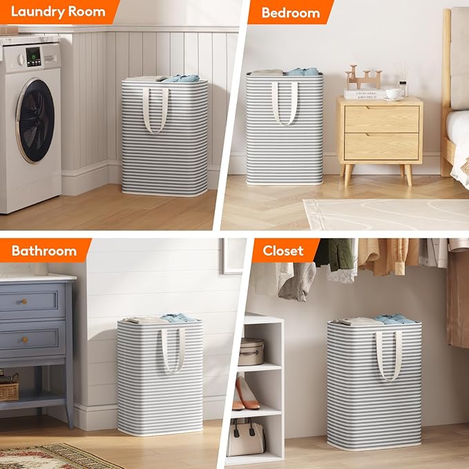 Lifewit 2 Pack Laundry Basket 65L Each, Collapsible Clothes Hamper with Reinforced Handles, Freestanding Waterproof Design for Bedroom and Laundry Room, Grey 130L Total