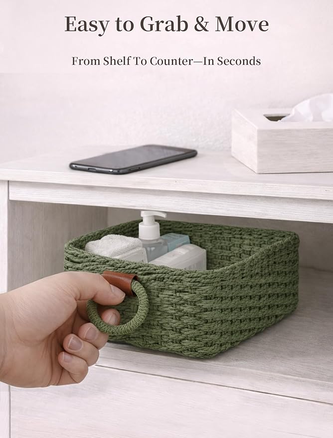 Storage Basket, Recycled Paper Rope Bathroom Basket Organizer, 3Pcs Small Baskets for Organizing, Mini wicker Basket for Decorative Storage Bins, Shelves, Bathroom, Cabinet - Green