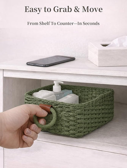 Storage Basket, Recycled Paper Rope Bathroom Basket Organizer, 3Pcs Small Baskets for Organizing, Mini wicker Basket for Decorative Storage Bins, Shelves, Bathroom, Cabinet - Green