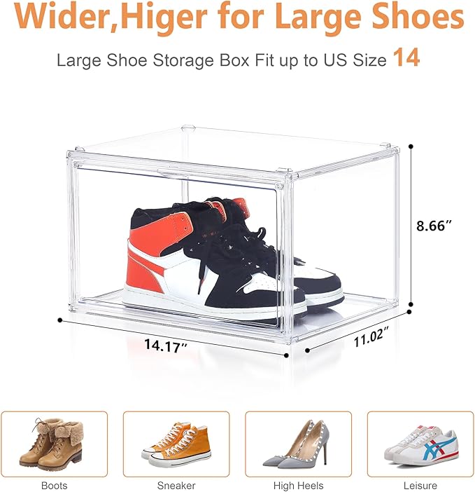BVBOX Acrylic Shoe Storage Boxes with Magnetic Door - 360° Clear Stackable Shoe Display Box Set, Plastic Shoe Cabinet Rack Box for Sneakers Heels Shoes (1, Clear, XL - Side Open)