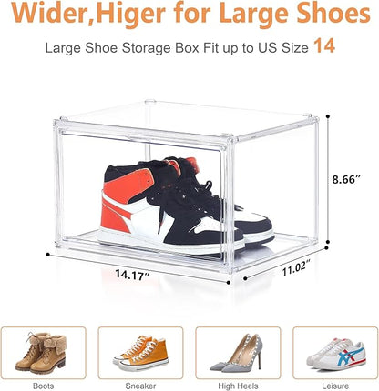 BVBOX 12 Pack Acrylic Shoe Storage Boxes with Magnetic Door - 360° Clear Stackable Shoe Display Box Set, Plastic Shoe Cabinet Rack Box for Sneakers Heels Shoes (12, Clear, XL - Side Open)
