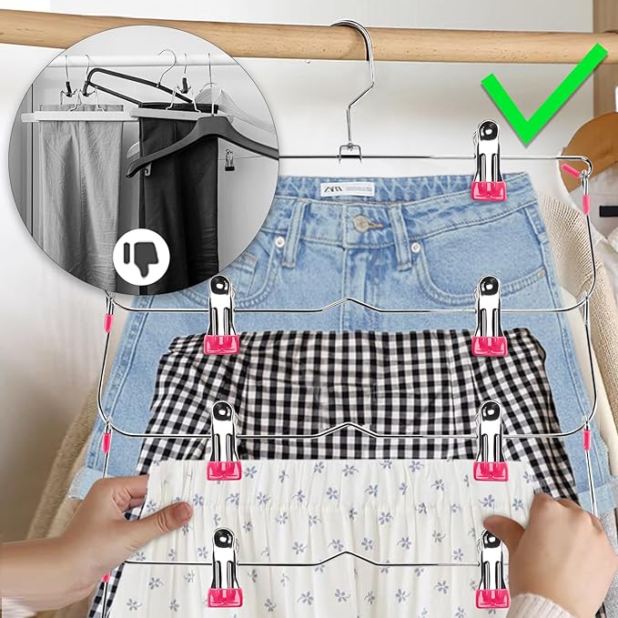 Skirt Pants Hangers with Clips,6Tier Skirt Hangers Space Saving,Metal Multi Pants Hangers and Storage Multi Clothes Shorts Hanger Organization,Space Saving Hangers with Clips (Rose, 4-Piece Set)