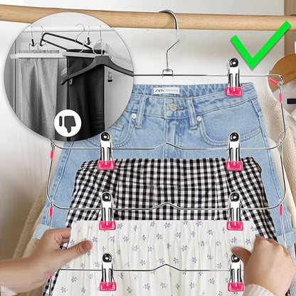 Skirt Pants Hangers with Clips,6Tier Skirt Hangers Space Saving,Metal Multi Pants Hangers and Storage Multi Clothes Shorts Hanger Organization,Space Saving Hangers with Clips (Rose, 4-Piece Set)