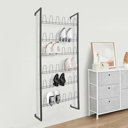 Wall Mounted Metal Shoe Rack Organizer, 6-Tier Iron Hanging Shoe Storage, Shoe Shelf Holds 18 Pairs of Shoes, Shoe Storage Rack for Entryway, Bedroom, Closet, Garage (Black, 6-Tier)