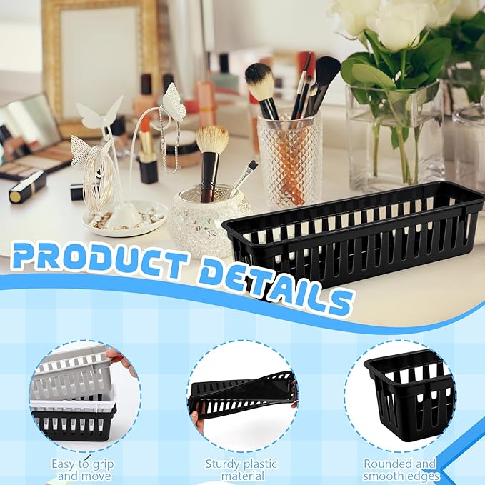 6 Pcs Black Slim Plastic Storage Baskets Tray 10 x 3 x 2.5 Inch Compact Stackable Desk Organizer for Office, Classroom, School Supplies, and Home Storage, Organization(Black)