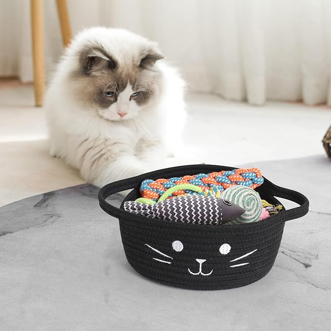 Small Cat Toy Basket, 10”x10”x4” Black Cotton Rope Storage Bin with Handles, Woven Cat Organizer Box for Indoor Pets, Cute Kitty Easter Basket Gifts Empty, Cat-Shaped Boo Halloween Bin