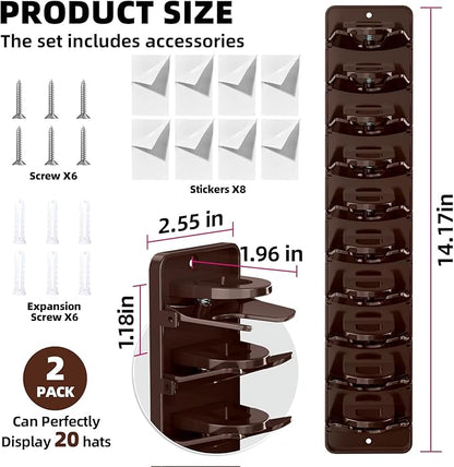 Spring Clip Hat Organizer for Baseball Caps – 2 Pack, Wall Hat Rack for Door & Closet – Keeps 20 Hats Tidy in Garage, Dorm, Man Cave – Multi-Layer Cap Storage (Brown)