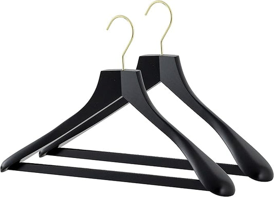 MAWA by Reston Lloyd, European Wooden Hanger, Beech Wood Body Form Hanger with Wide Supportive Shoulders, Rotating Gold Hook, Black Finish, for Shirts, Blazers, Pants, Dress Clothes Hanger, Set of 2
