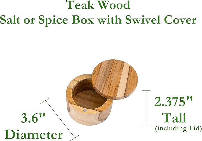 Lipper International Teak Wood Salt or Spice Box with Swivel Cover, 3.6" Diameter x 2.375" Tall