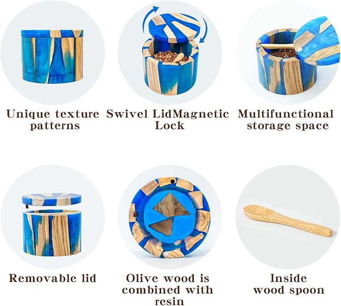 Handcrafted Salt Box Resin Wooden Container Swivel Lid with Magnetic to Easily Open Seal Salt Cellar Free Spoon for Storing Salt Pepper Sugar Herbs Small Spice Box Storage Kitchen Accessory