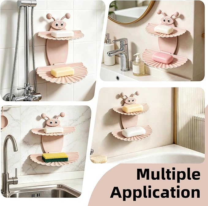 2PCS Double-Deck Soap Dish Holder for Shower, Bee Shape Wall Mounted Soap Holder with Strong Adhesive, Self Draining Soap Tray, No Drilling Bathroom Accessories, Nordic Pink