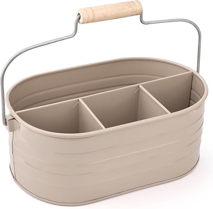 Alpha Living Home Multi-Functional Utensil Silverware Caddy - 4 Compartment Organizer for Kitchen, Party & Office – Durable Beige Powder-Coated Iron Alloy with Wooden Handle