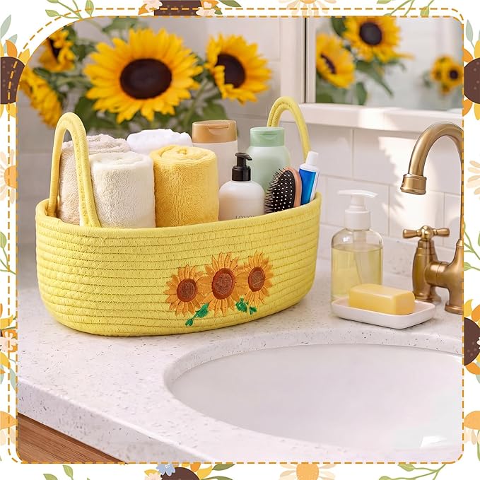 Vesici Sunflower Woven Storage Basket for Toilet Tank Top Boho Cotton Rope Bathroom Countertop Organizer Basket with Handle Yellow Bathroom Decor for Bedroom Nursery Toys Organizing, 13 x 6 x 4 Inch