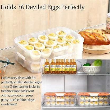 VitalYang Deviled Egg Container with Lid, Double Layer Egg Container, 36 Count Deviled Egg Tray- Secure Lock & Handle, Stackable, Leak-Proof Design for Parties & Catering, Orange