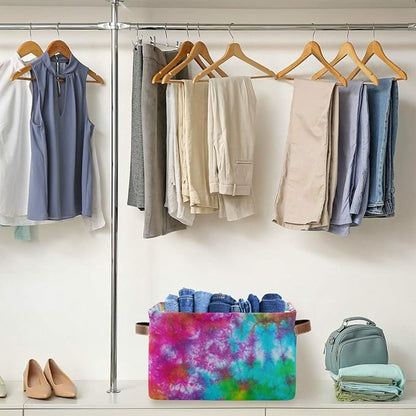 Colorful Tie Dye Pattern Storage Basket Bin, Large Cube Storage Box Canvas Collapsible Storage Organizer for Home Office Closet - 15 L x 11 W x 9.5 H