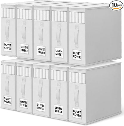 WOWBOX Sheet Organizers and Storage,Closet Bed Sheet Organizer Under Bed Storage and Organization with Label Cards & Clear Window for Bedding Sheets,Duvet Covers,Blankets (10 Pack，White)