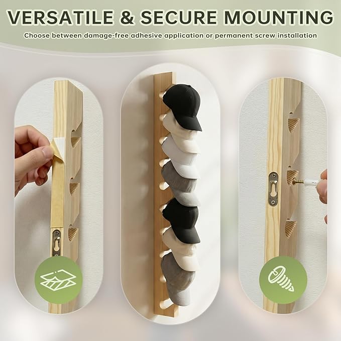 2 Pack Solid Pine Wood Hat Rack for Wall - Heavy Duty Wall Mounted Organizer Holds 20 Baseball Caps, Secure Screw Installation, 10-Slot Vertical Display for Closet, Bedroom, Entryway & Laundry Room