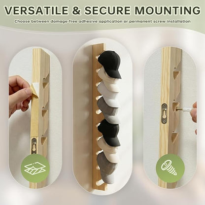 2 Pack Solid Pine Wood Hat Rack for Wall - Heavy Duty Wall Mounted Organizer Holds 20 Baseball Caps, Secure Screw Installation, 10-Slot Vertical Display for Closet, Bedroom, Entryway & Laundry Room
