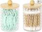 DAPOWER 2 Pack Qtip Holder Bathroom Storage Canister for Cotton Ball Cotton Swab Pads Floss, Small Plastic Jars with Lids (Clear & Bamboo Lid, 2 Pack)